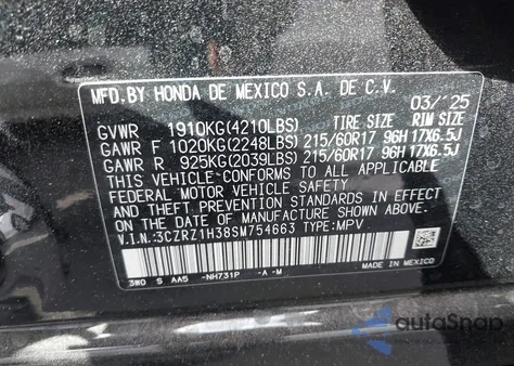 2025 Honda Hr-V 2Wd Lx из США, поврежденный, VIN 3CZRZ1H38SM754663